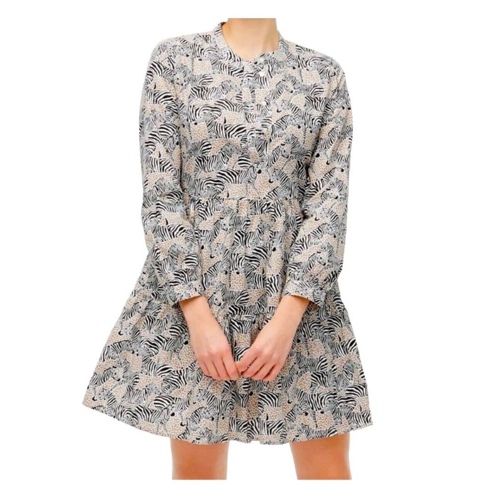 J.Crew Factory Tiered Popover boho chic Black Camel Zebra Animal Cotton Dress XS